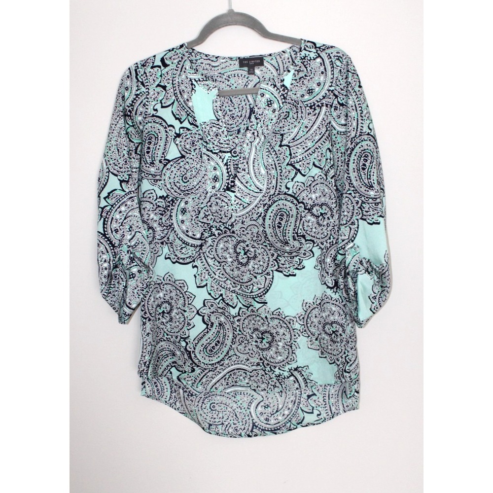 THE LIMITED Womens Lightweight Turquoise Paisley 3/4 Sleeve Chic Blouse Top XS